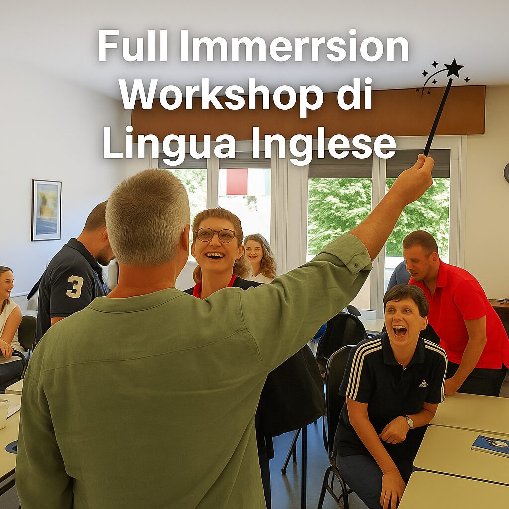 Partecipanti coinvolti al Full Immersion Workshop di Lingua Inglese con docente che alza una bacchetta magica in aula interattiva